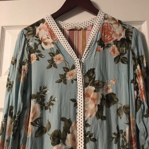Soft Surroundings Blue Floral and Polka Dot Mixed Print Button Down Blouse - Picture 5 of 11